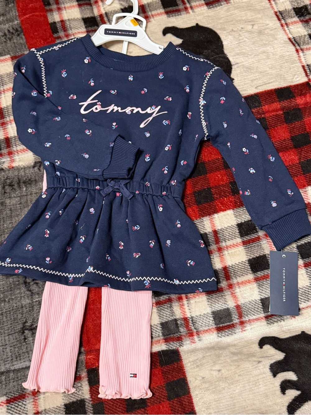 Tommy Hilfiger Navy Floral Peplum Top with Pink Ribbed Leggings